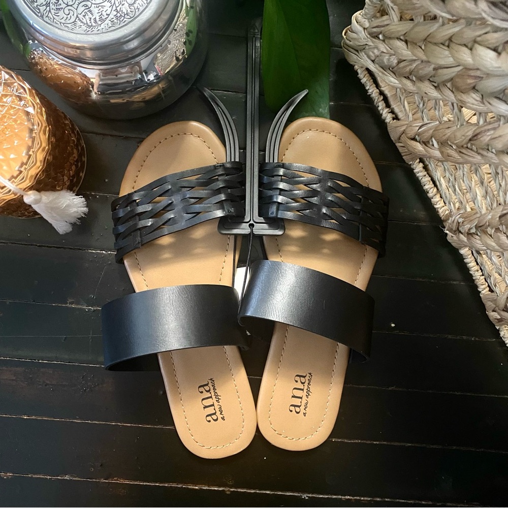 a.n.a Black & Tan Dual Band Flat Sandals Boho Double Strap Braided Sandal
